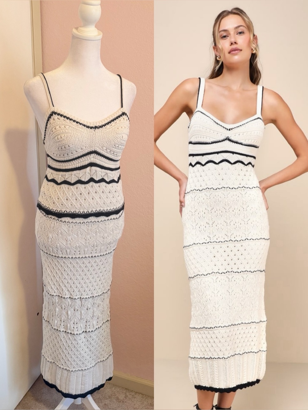 Ivory & Black Multi-Textured Crochet / Knit Midi Skirt Set “Unique Persona”